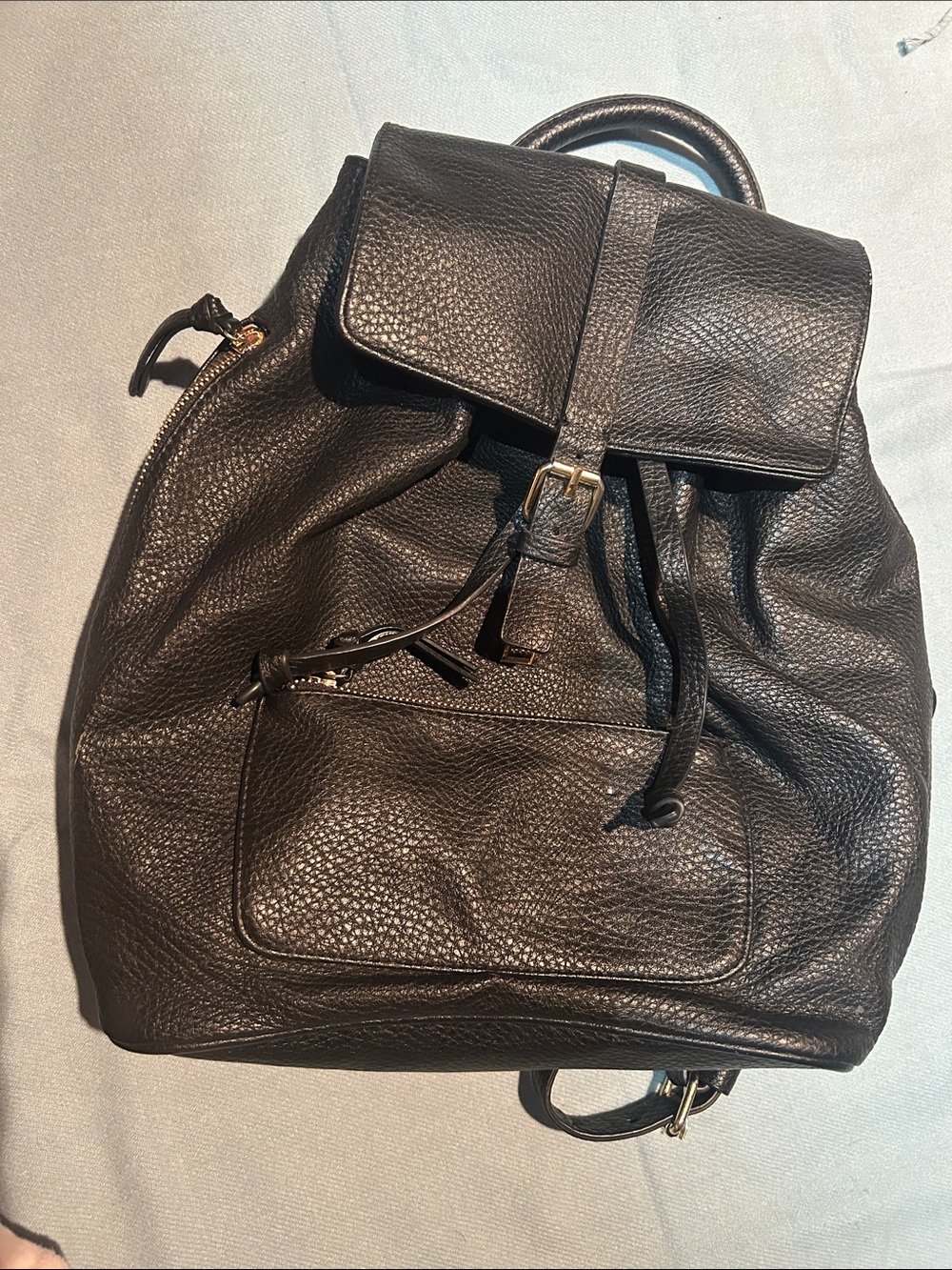 Black Leather Drawstring Backpack